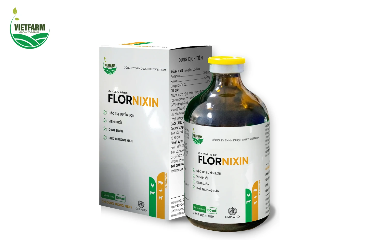 Flornixin (chai 100 ml) của Vietfarm, thuốc tiêm hỗ trợ điều trị nhiễm khuẩn cho heo.