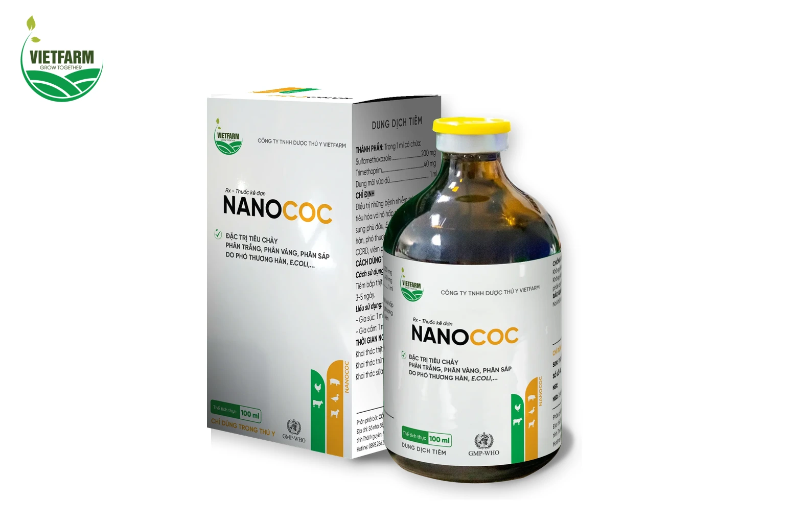 Nanococ (chai 100 ml) của Vietfarm, thuốc tiêm Sulfamethoxazole và Trimethoprim.
