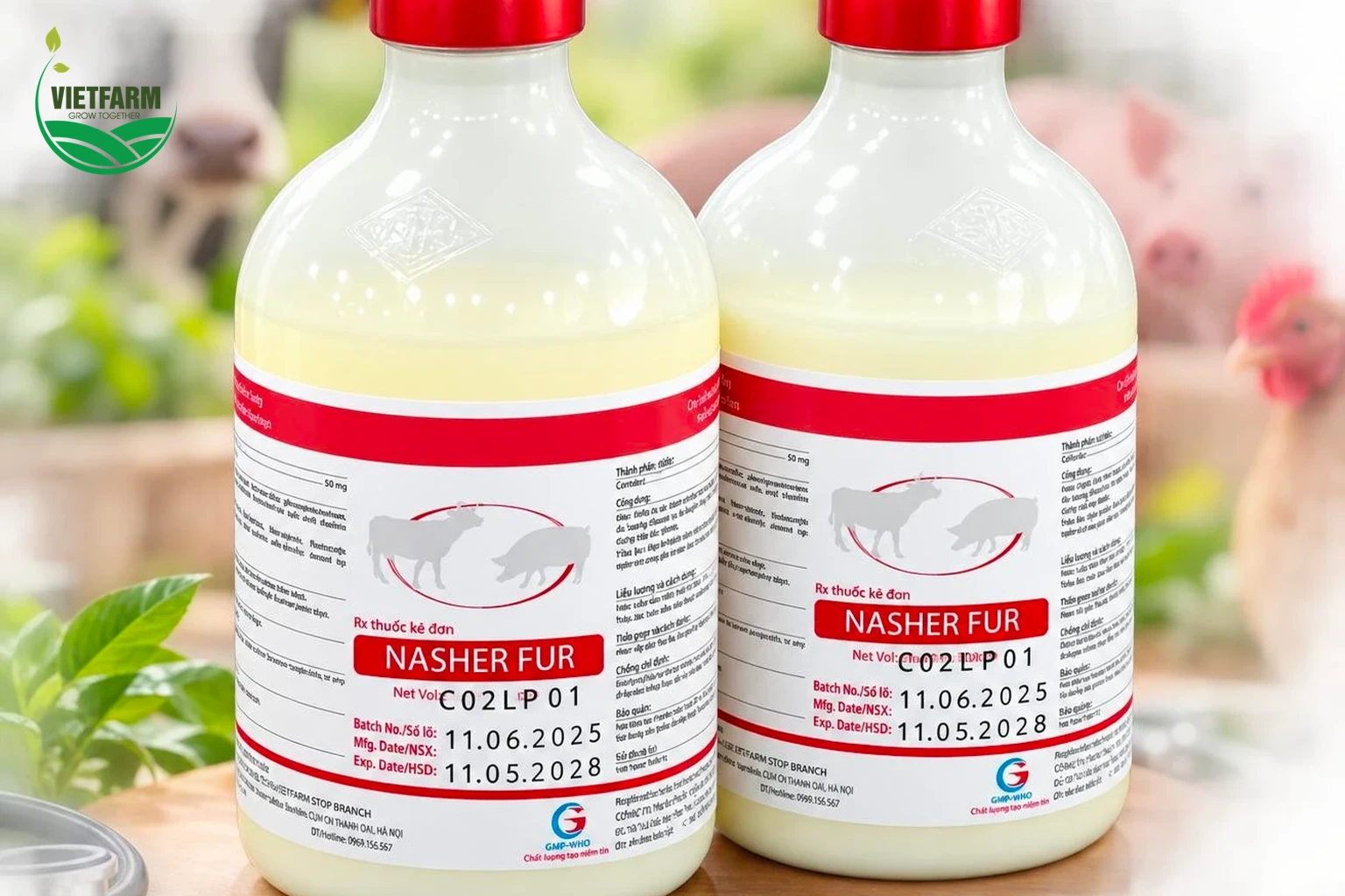 Nasher Fur dạng lọ tiêm 100 ml, chỉ định cho heo và bò