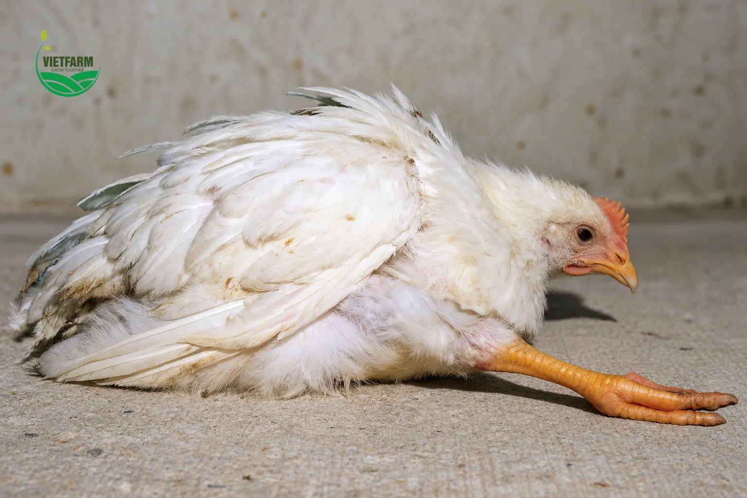 Gà bị liệt, nằm nghiêng và không thể tự đứng dậy trong bệnh Marek thể thần kinh.