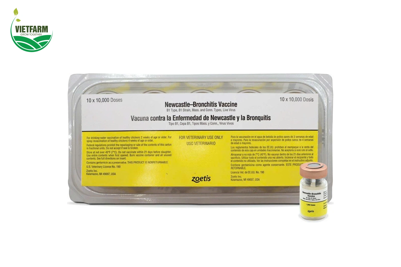 Hộp vaccine Newcastle-Bronchitis phòng bệnh Newcastle và IB trên gà do Vietfarm phân phối